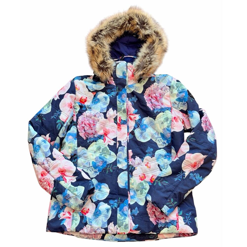 Obermeyer Tuscany II Insulated Jacket Floral Coat Faux Fur Trim Blue Pink 14